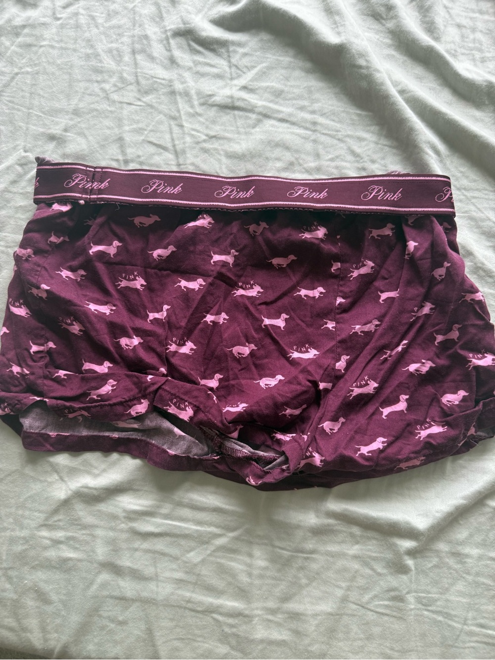 PINK Victoria's Secret Maroon Boyshorts with Light Pink Puppy Print